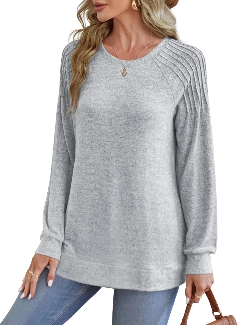 Sweatshirt for Women Crewneck Pleated Long Sleeve Shirts Tunic Tops Fashion 2024