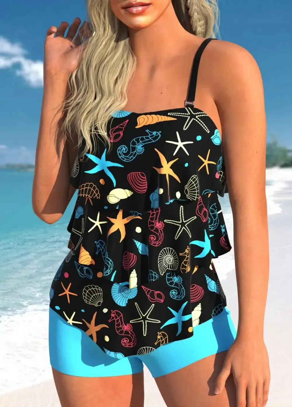 Marine Life Print Plus Size Layered Hem Tankini Set
