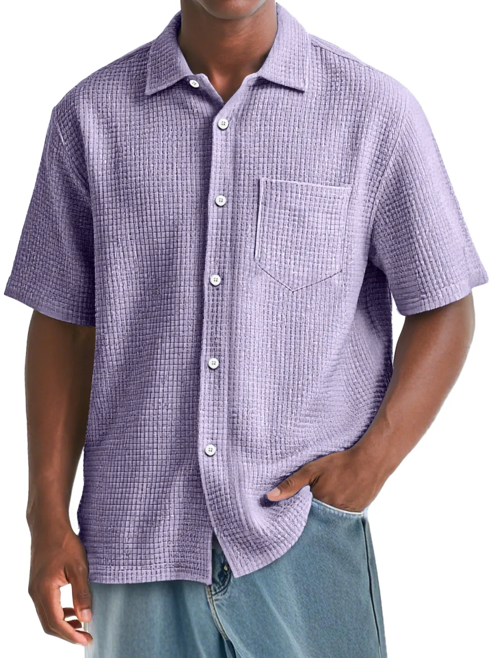 Men's Daily Waffle Texture Casual Pocket Comfort Short Sleeve Shirt