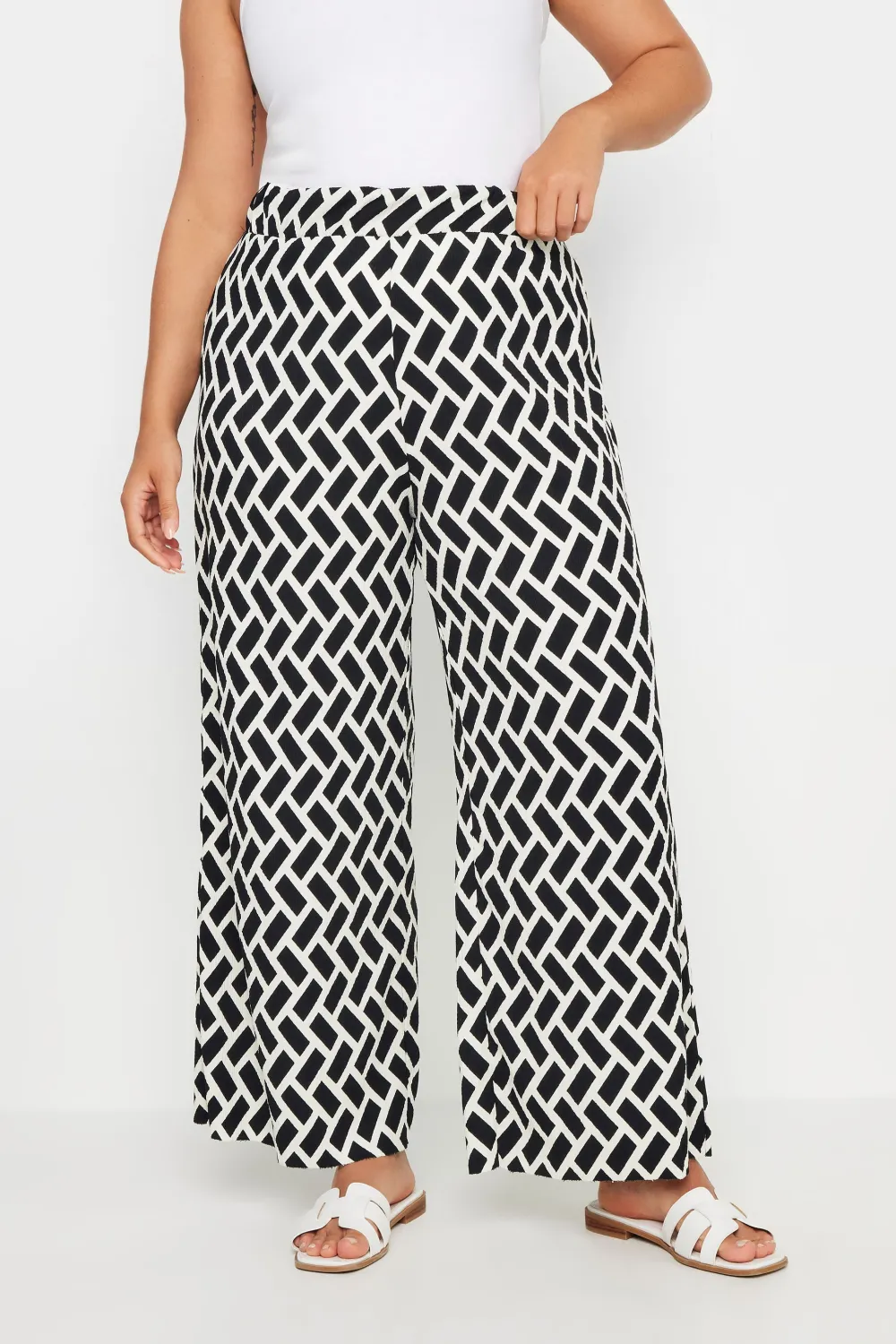 YOURS Curve Blue Abstract Print Textured Wide Leg Trousers
