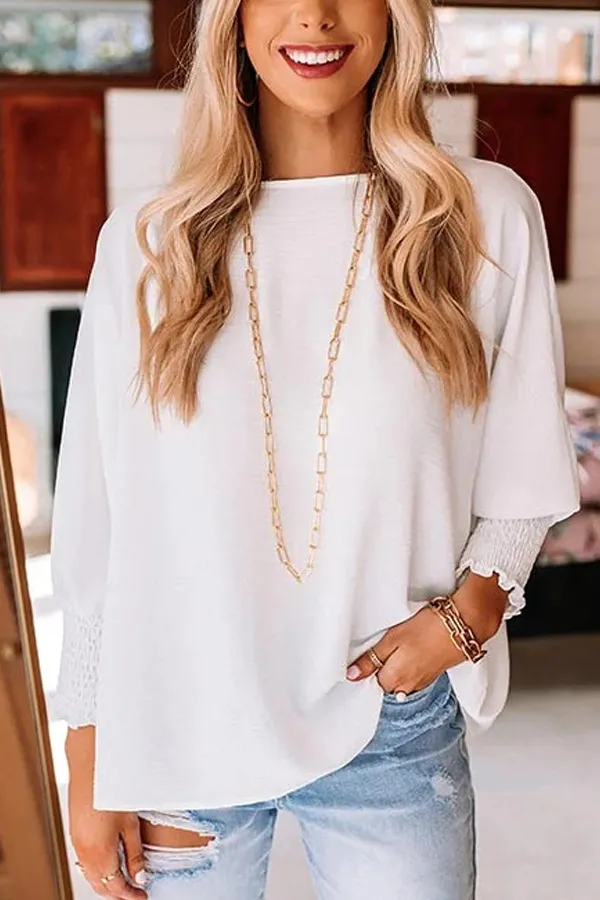 Casual Smocked Sleeve Round Neck Top