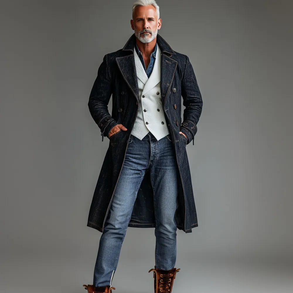 Men's Long Sleeve Double Breasted Lapel Collar Denim Trench Coat