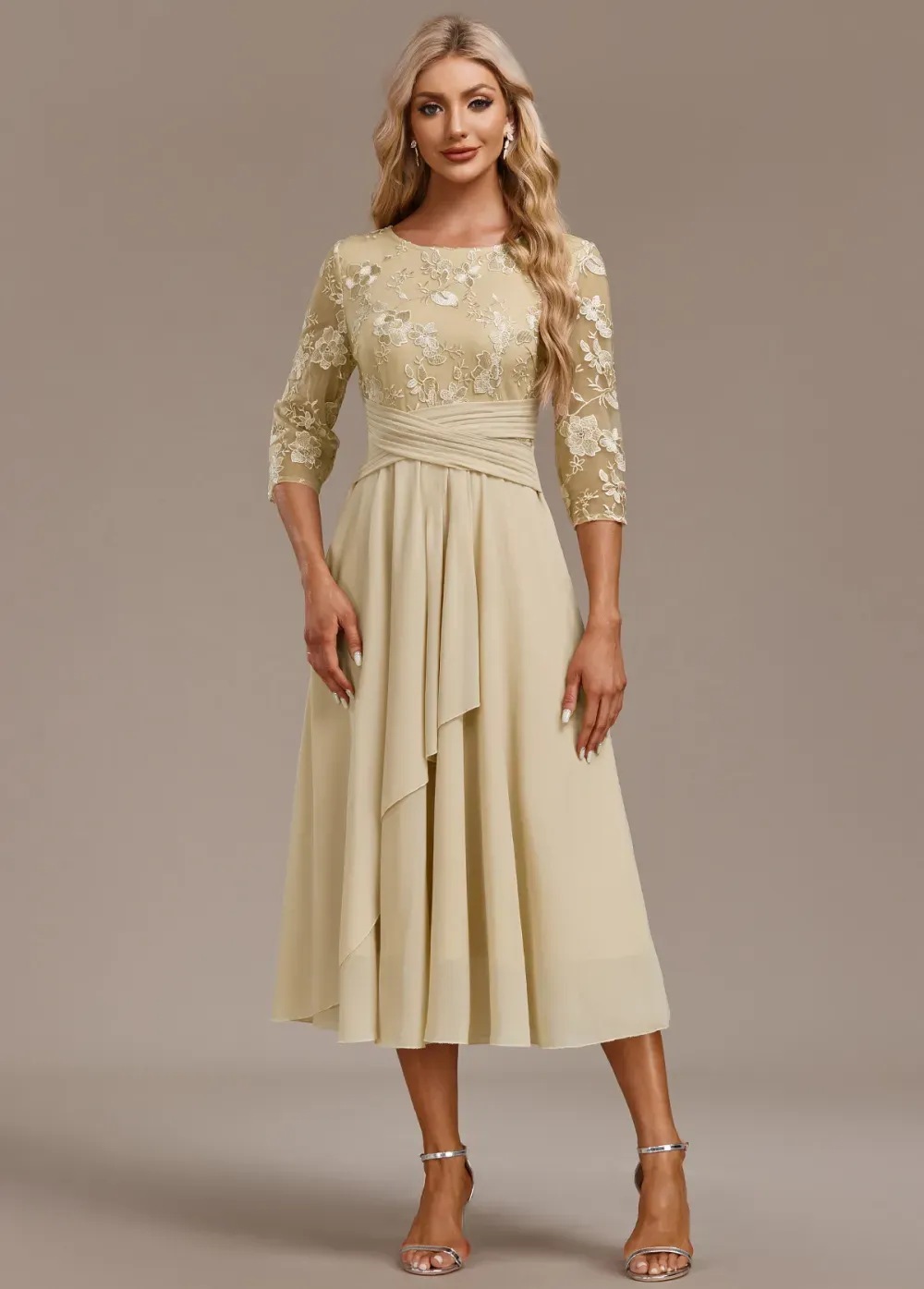 Champagne Embroidery 3/4 Sleeve Round Neck Dress