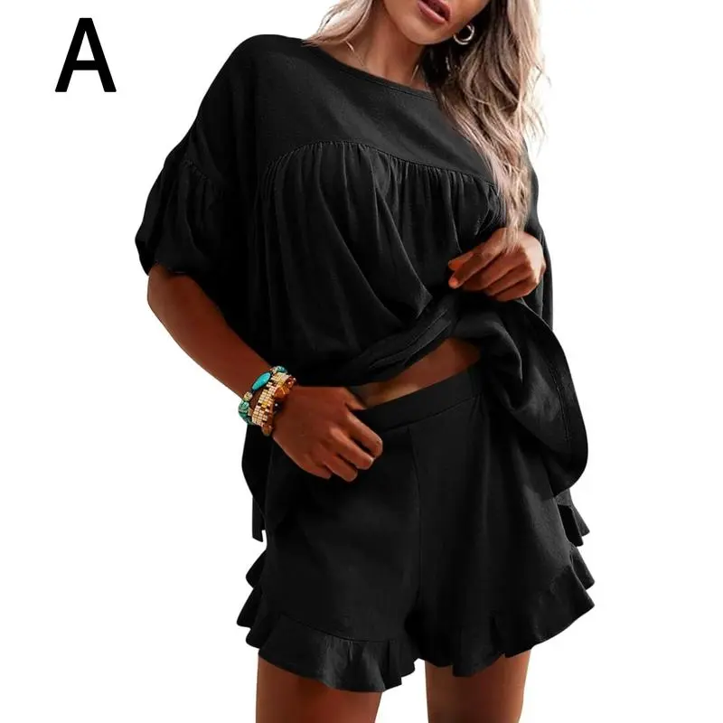Women's 2 Piece Pajama Set – Ruffle Sleeve Top & Shorts Lounge Outfit