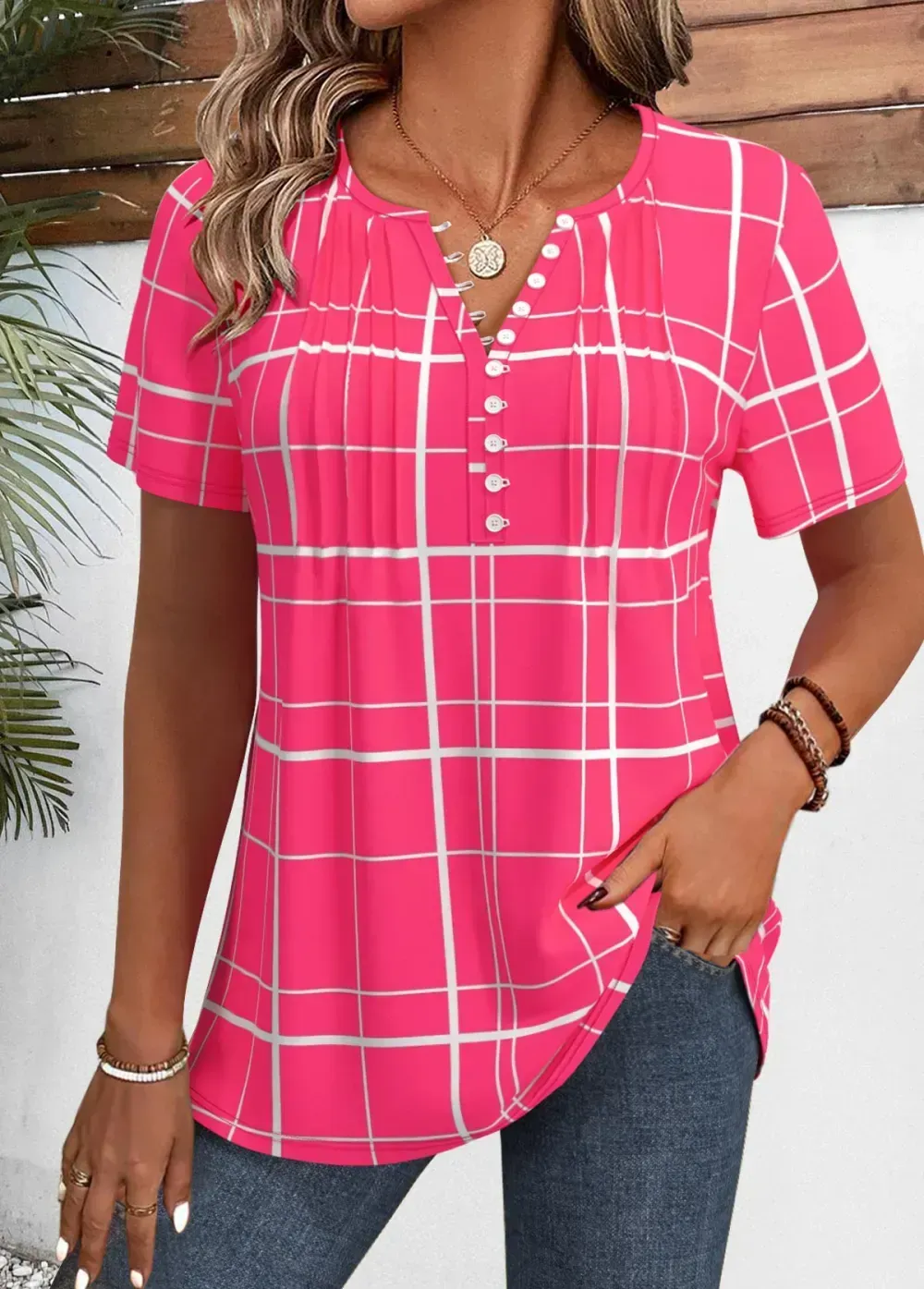 Hot Pink Plaid Short Sleeve Split Neck Shirt