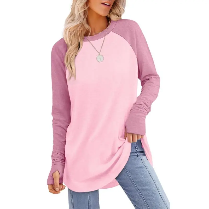 Womens Tunic Tops to Wear with Leggings Long Sleeve Thumb Hole Shirts Crew Neck Curved Hem