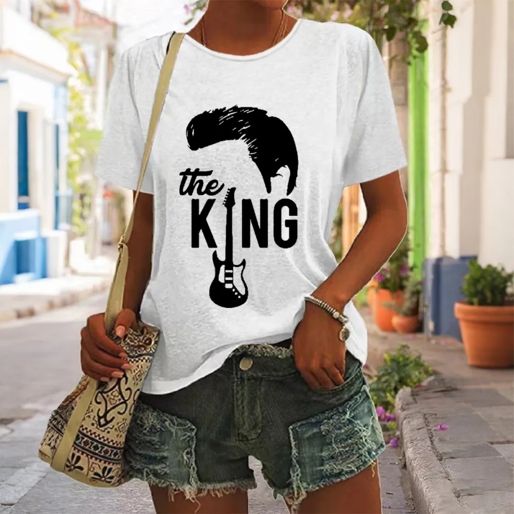 Women's The King Print Short Sleeve Round Neck Cotton T-Shirt