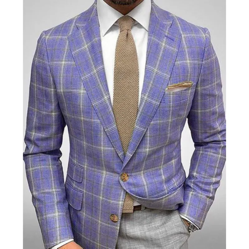 Business Plaid Lapel Collar Two Buttons Long Sleeve Blazer
