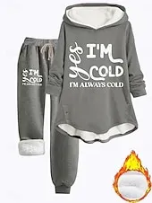 Women's Warm Daily Two Piece Sets Tracksuit Pants Sets Long Sleeve Hooded Graphic Letter Drawstring Print Casual Daily Black Dark Pink Red Fall Regular Fit