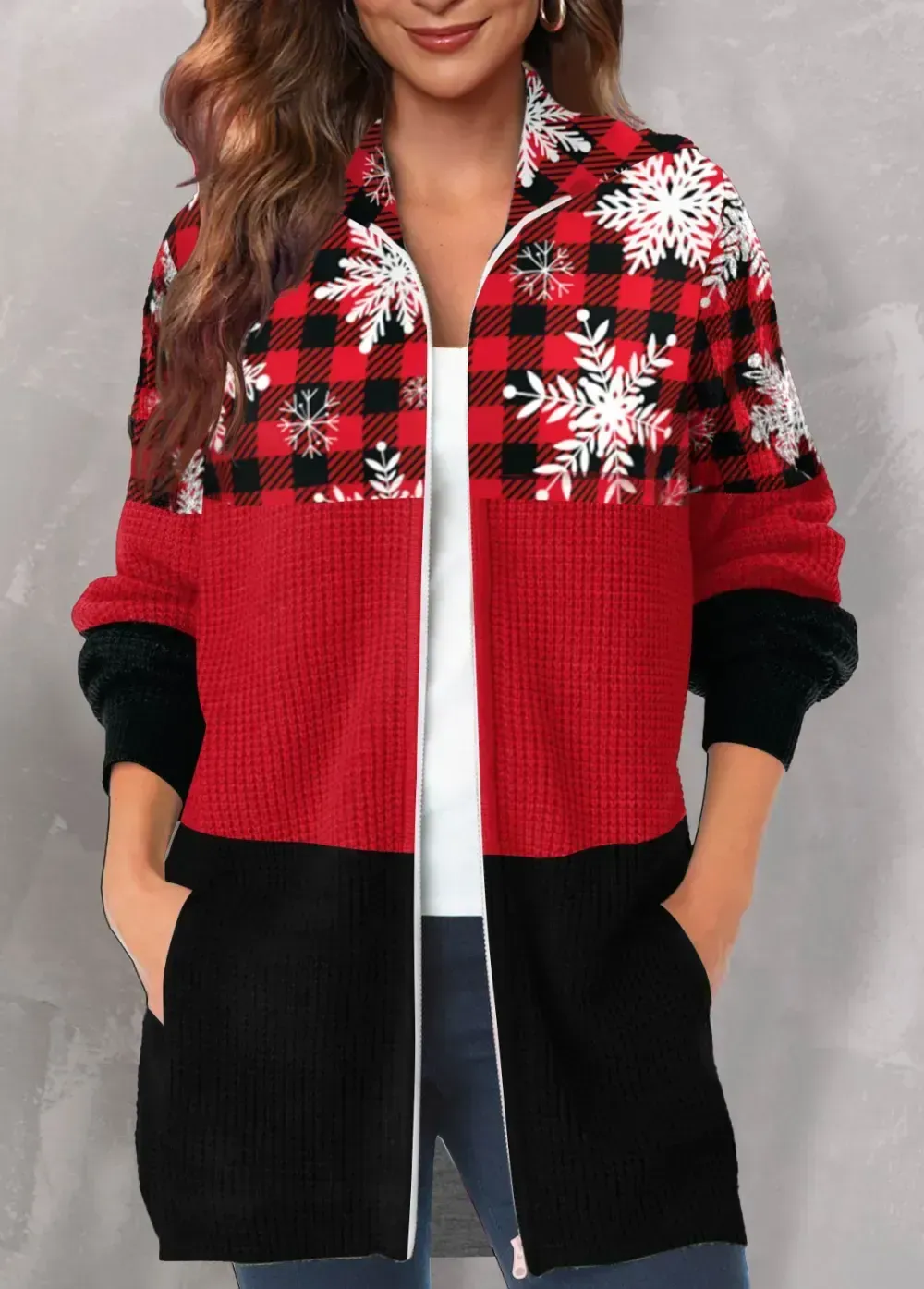 Red Pocket Christmas Print Long Sleeve Hooded Coat