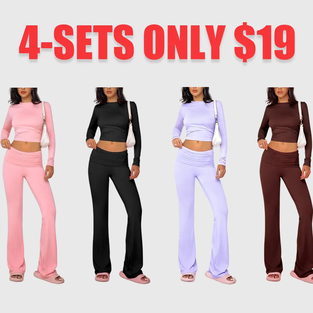 Women's Summer 2-Piece Set: Long-Sleeve Crop Tee + Fold-Over Waist Flare Leg Pants (Casual Elegant)