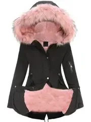 Elegant Women's Olive Green Parka - Mid-Length Warm Fleece-Lined Winter Coat with Hood, Side Pockets, and Zip-Up Front