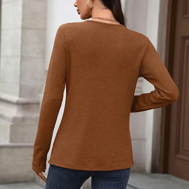 Women's Texture Blouse T Shirt Plain Casual Long Sleeve V Neck Regular Tops Daily Going out Buttons Black Dusty Blue Fuchsia Brown Beige Fall