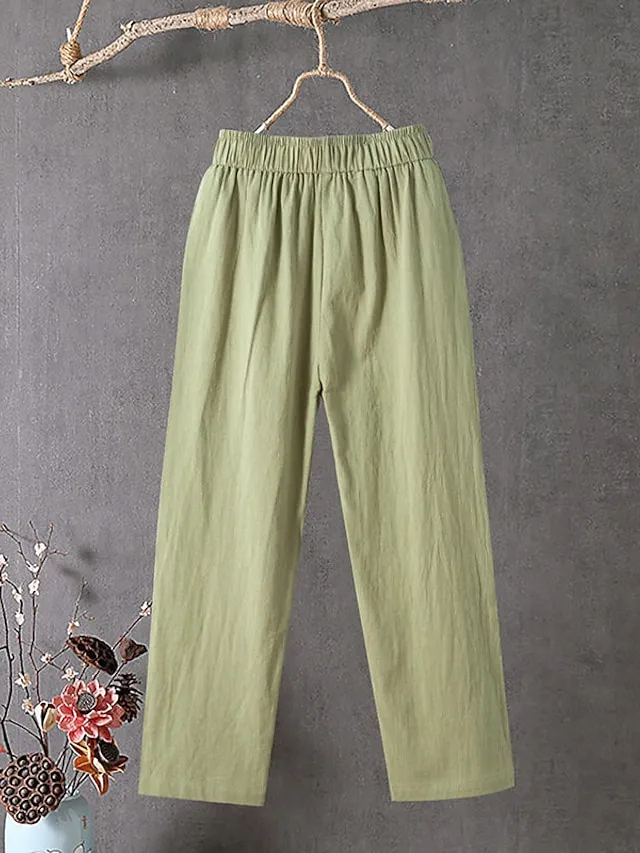 Women's Slacks Baggy Cropped Pants Linen Plain Pocket Baggy Ankle-Length Micro-elastic Mid Waist Streetwear Casual Vacation Casual Daily Black White S M Summer Spring