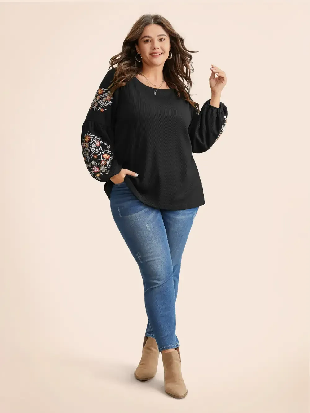 Waffle Knit Floral Embroidered Lantern Sleeve T-Shirt