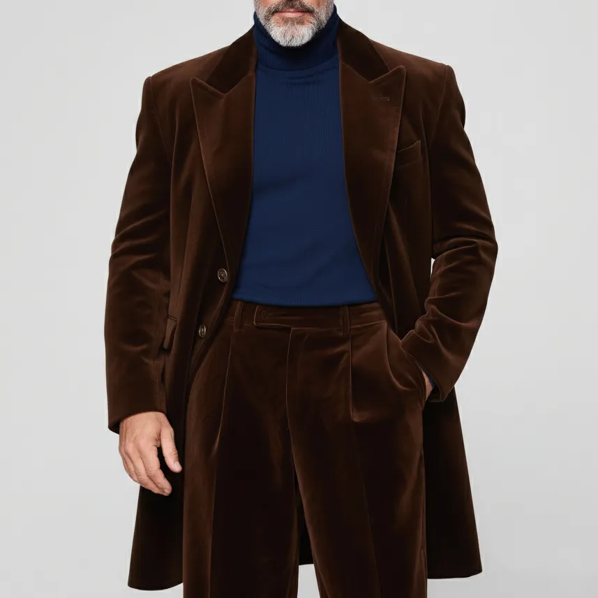 Men's Business Coffee Velvet Peaked Lapel Two Button Long Sleeve Overcoat