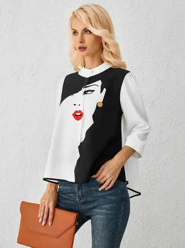 Casual Three-Quarter Sleeves Figure Buttoned Printed Stand Collar Blouses&Shirts Tops