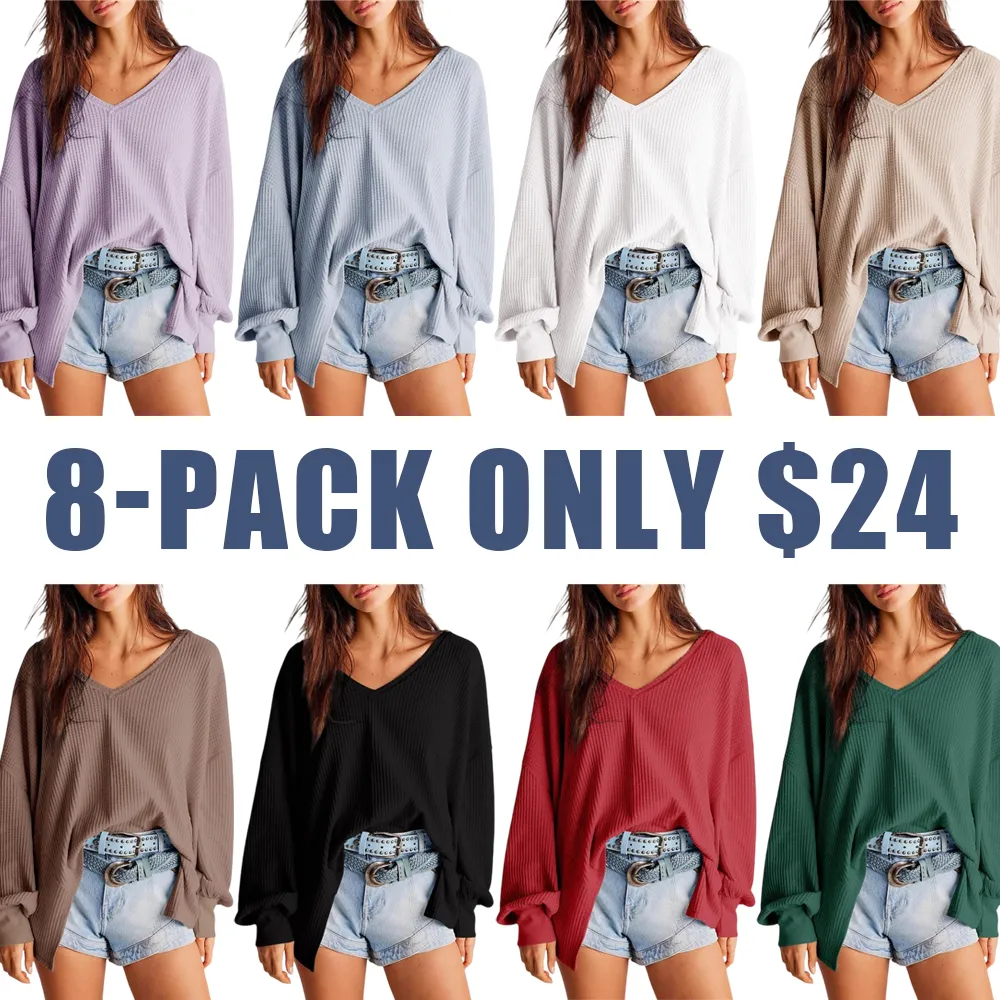 Women's Waffle Knit Top – V-Neck Oversized Lantern Sleeve Blouse