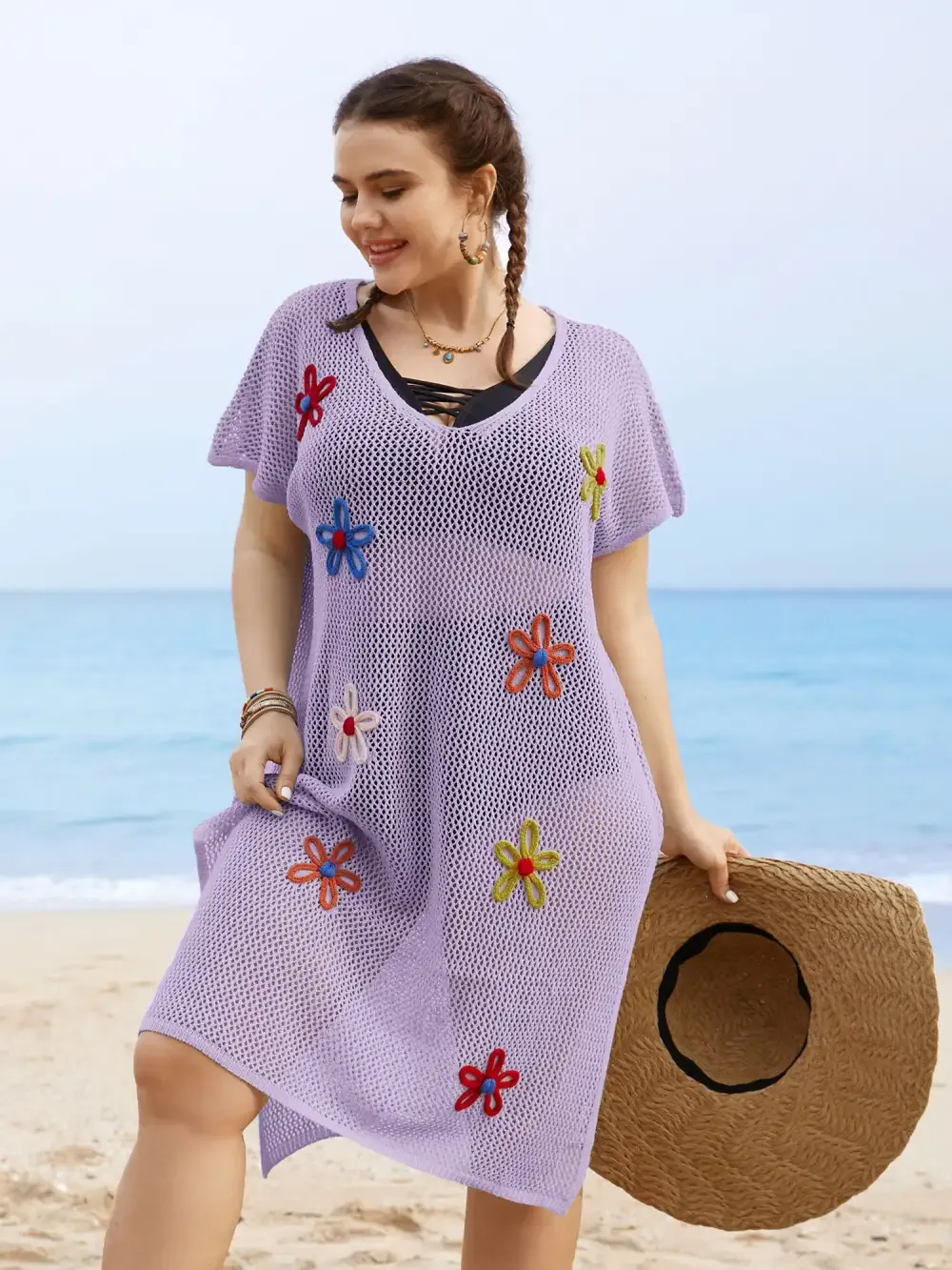 Stereo Flower Design Slit Hem Swim Cover Up