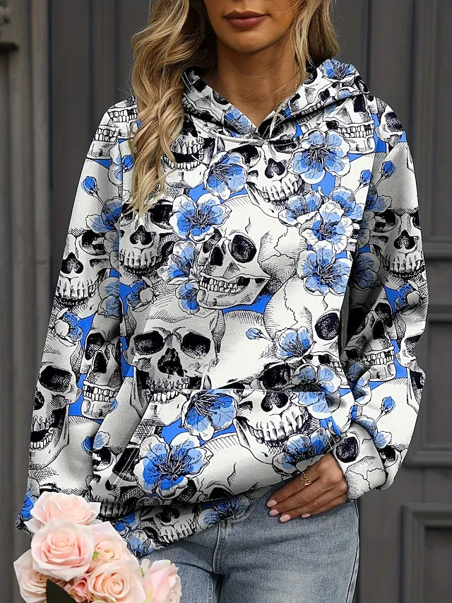 Women's Halloween Sweatshirt Pullover Active Sports Front Pocket Pink Blue Gray Floral Skull Halloween Casual Hoodie Long Sleeve Top Micro-elastic Fall & Winter
