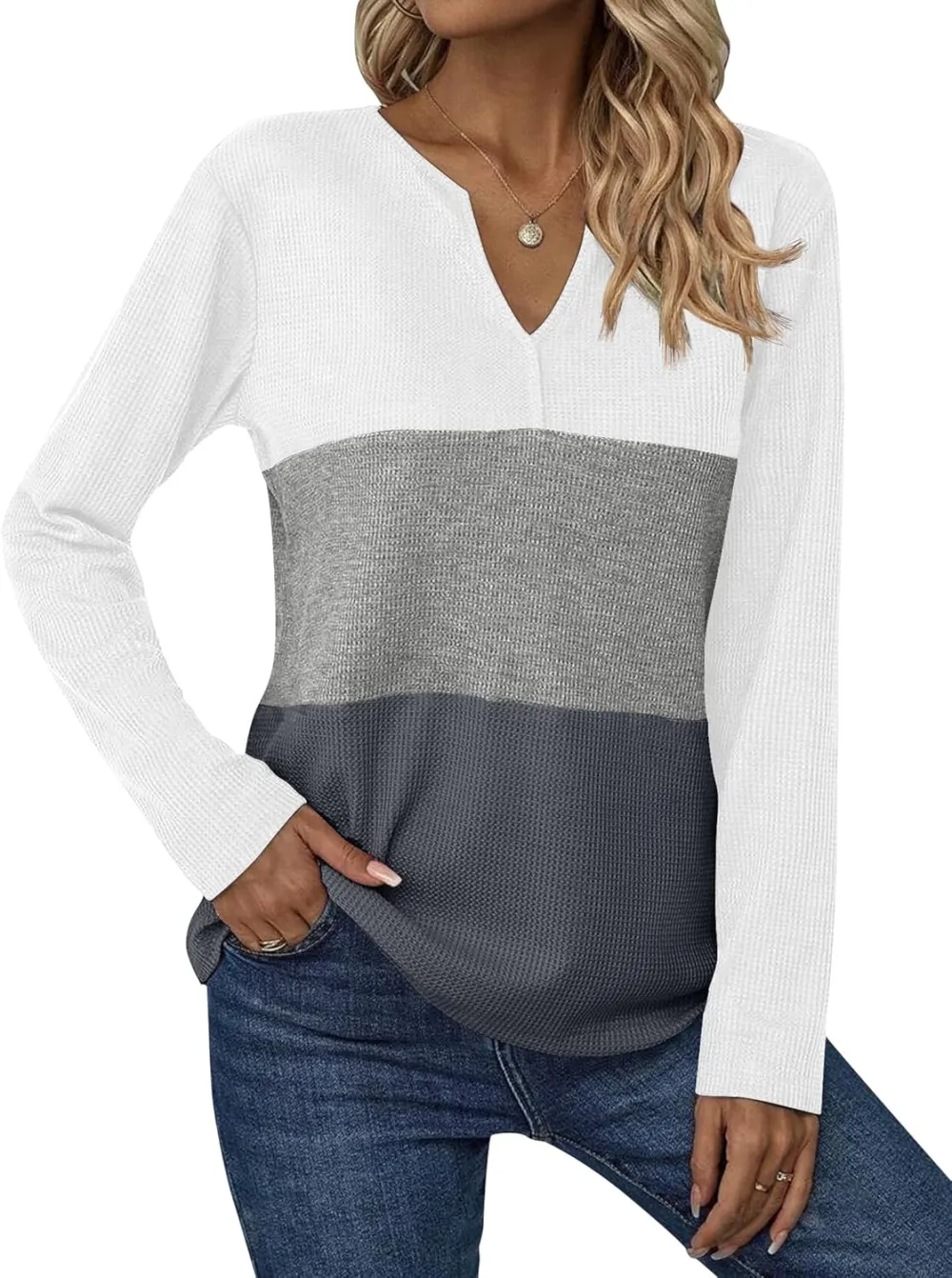 Women's Waffle Shirts V Neck Long Sleeve Tops Color Block T-Shirts Casual Tunics 2024 Fashion Basic Tees