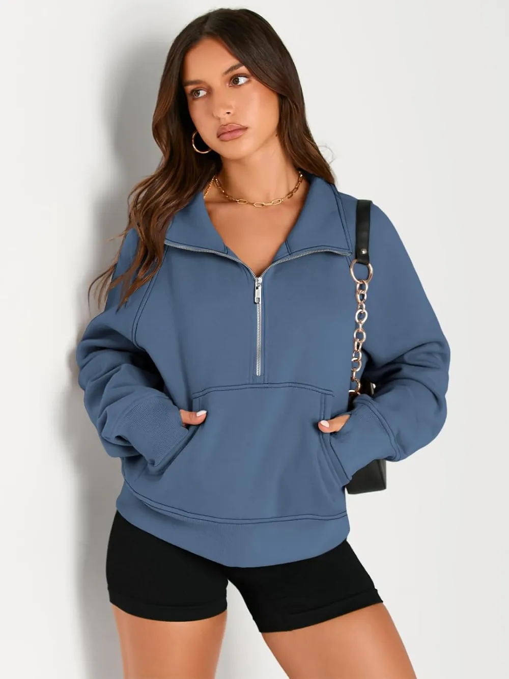 Womens Sweatshirts Half Zip Cropped Pullover Fleece Quarter Zipper Hoodies Fall outfits Clothes Thumb Hole