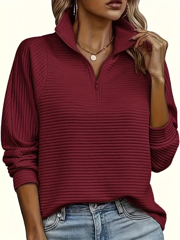 Long Sleeve Solid Color Funnel Neck Zipper Textured Sweatshirt - Soft Non-Stretch Polyester Fabric, Regular Fit, Half Placket, Casual Style for Spring and Fall