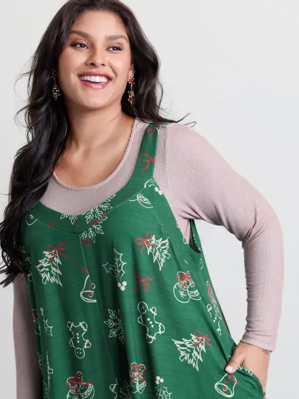 Tree Gingerbread Print Knit Jumpsuit