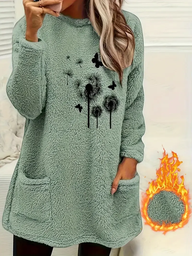 Chic & Cozy Dandelion-Butterfly Print Crew Neck Sweatshirt - Casual, Warm Winter Essential with Pocket