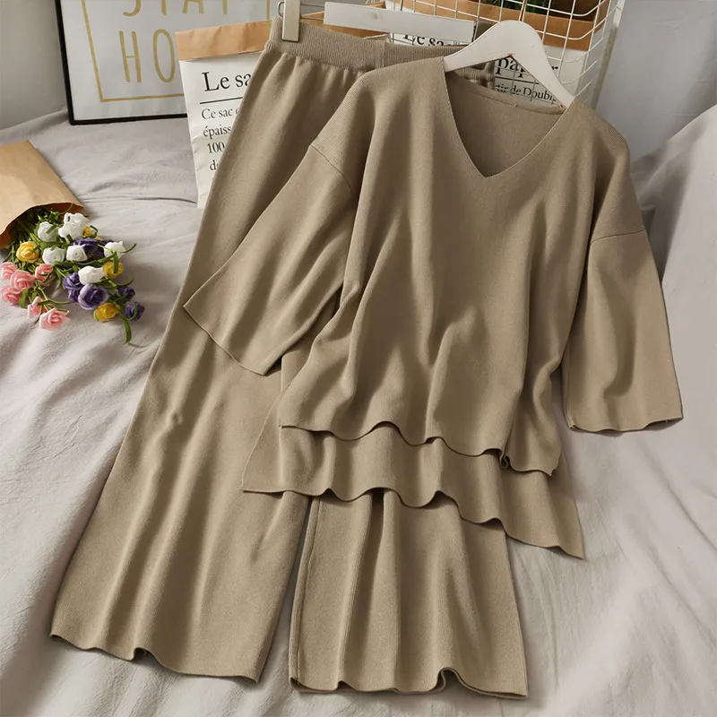V-neck half-sleeved sweater drape wide-leg pants suit