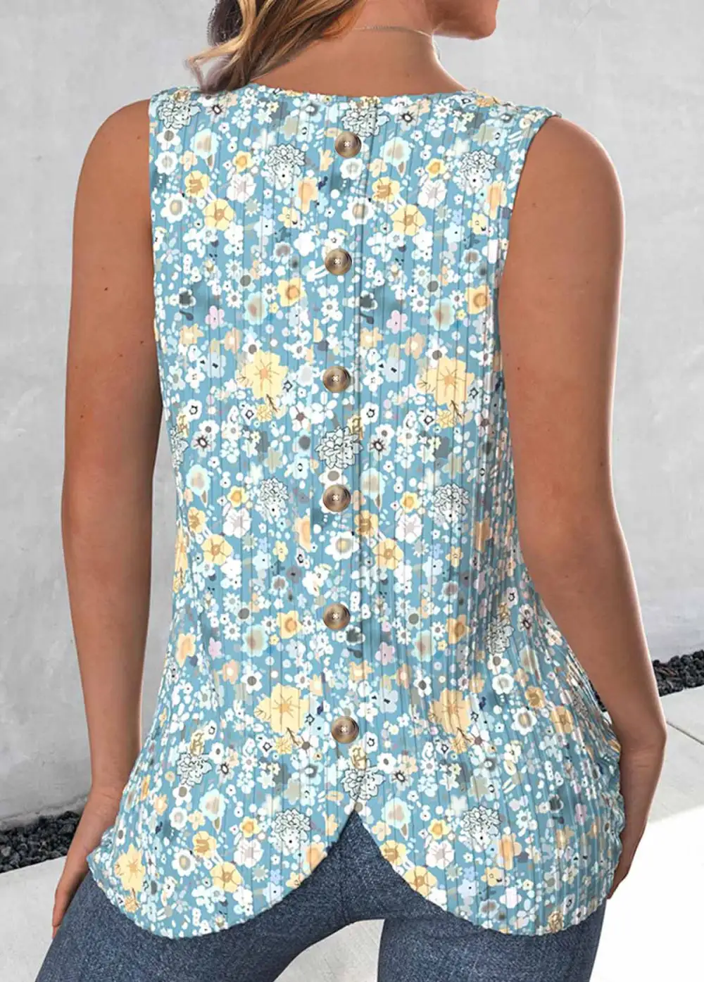 Button Geometric Print Pink Round Neck Sleeveless Tank Top