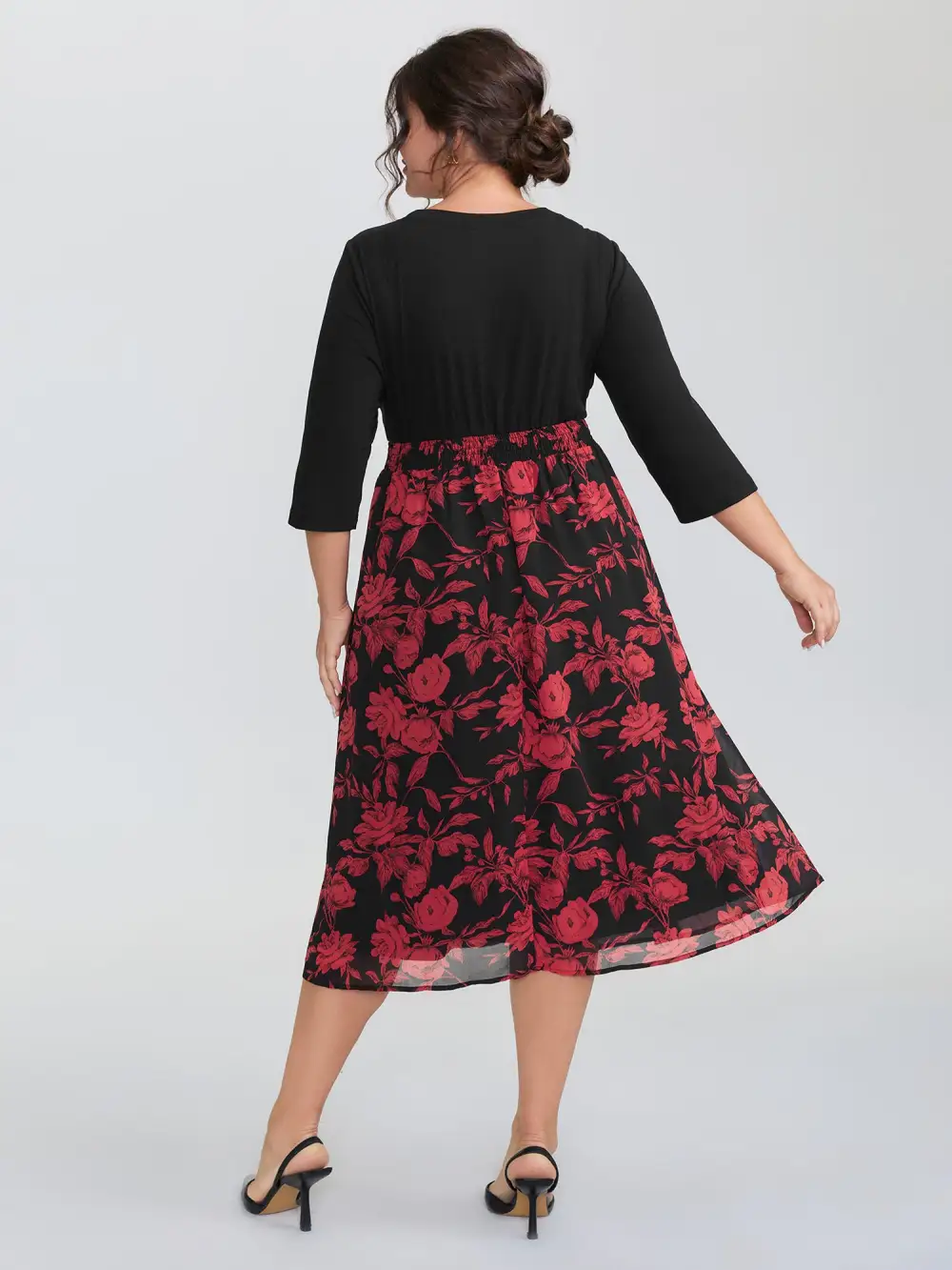 Floral Shirred Waist Color Contrast Midi Dress