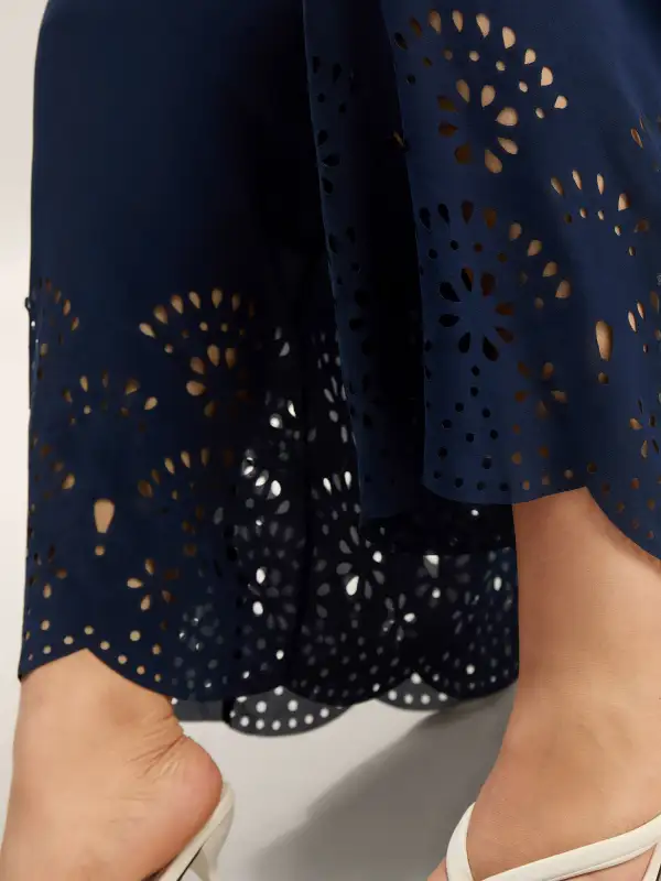 Laser-Cut Hem Shirred Wide-Leg Jumpsuit