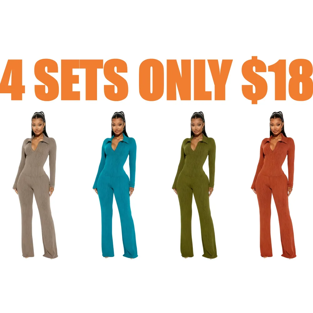 Ribbed Knit Collared Deep V Slim-Fit Set - Fashion Two-Piece with Flared Pants