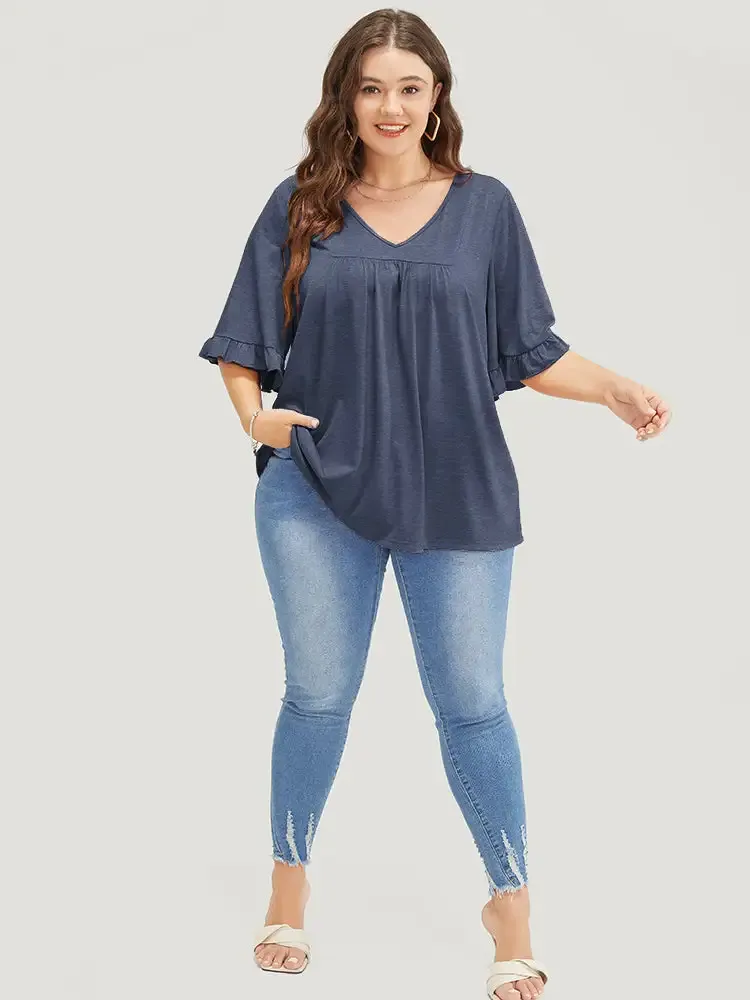 Solid Gathered Ruffle Trim Flounce Sleeve T-shirt