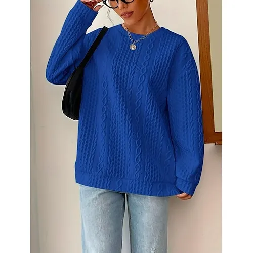 Women's Sweatshirt Plain Work Zipper Black White Pink Elegant Modern Loose Fit Crew Neck Long Sleeve Micro-elastic Spring Fall