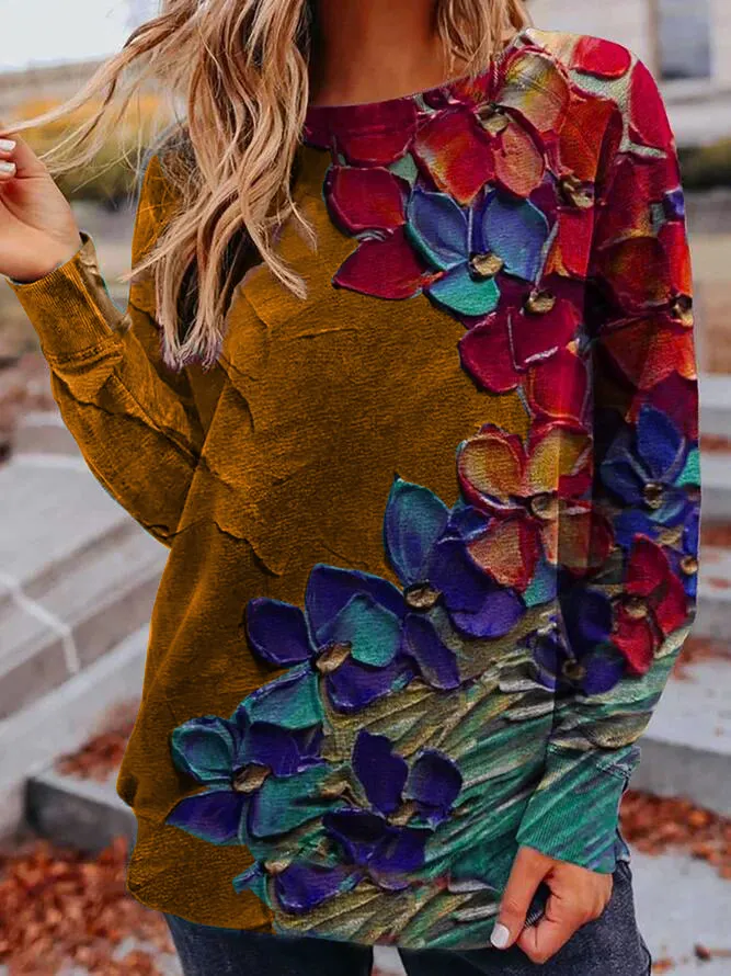 Crew Neck Floral Casual Sweatshirt