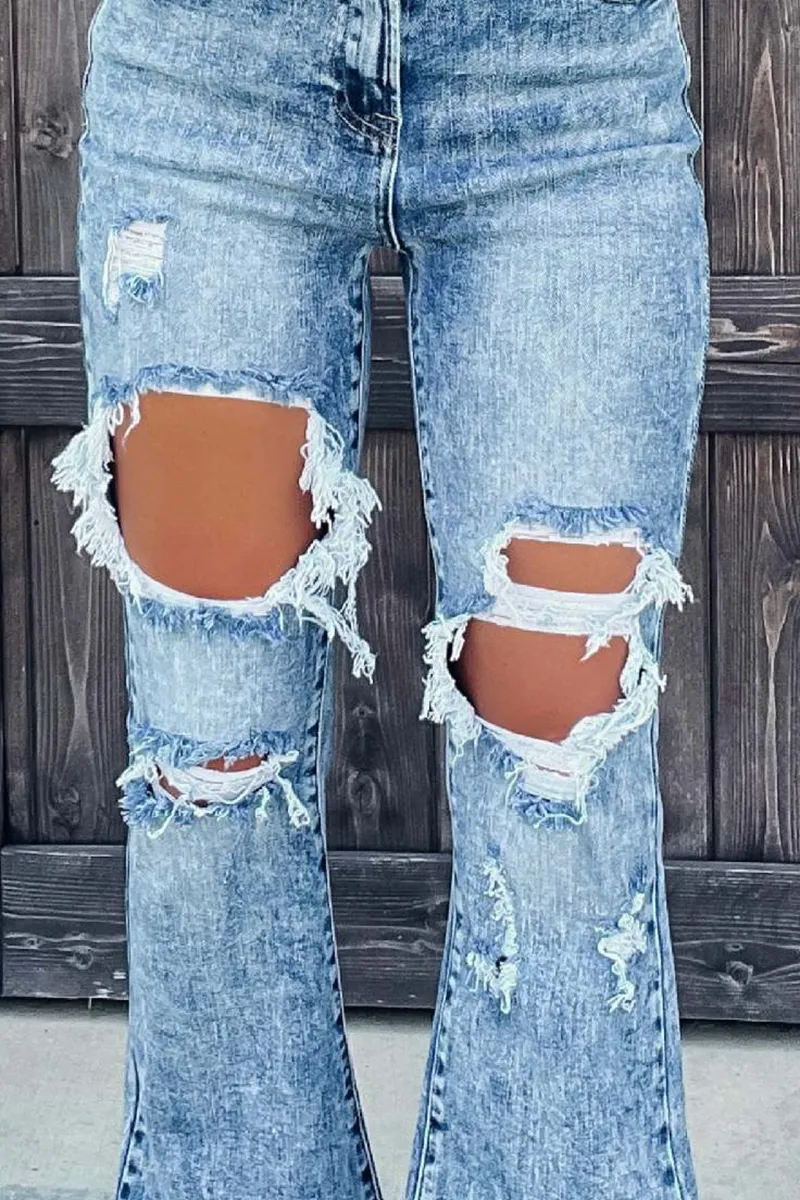 Ripped Raw Hem High Rise Flare Jeans