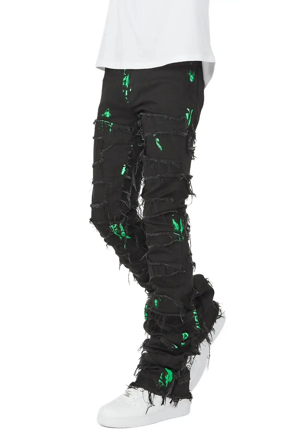 Gideon Black/Green Super Stacked Flare Jean