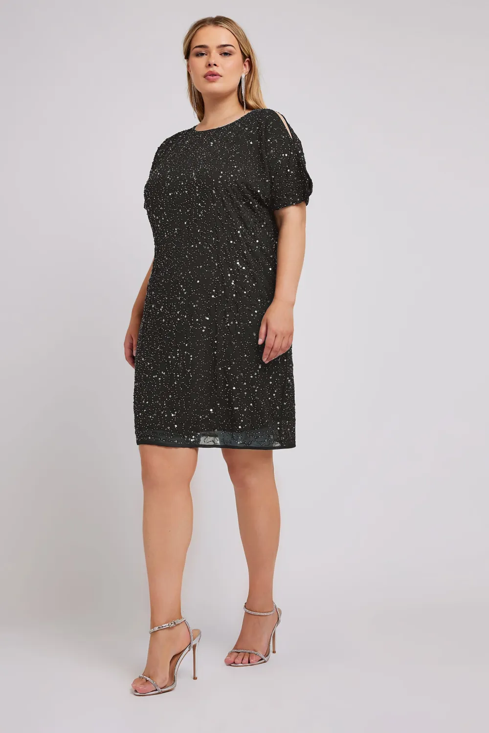 LUXE Curve Teal Green Sequin Hand Embellished Cape Dress