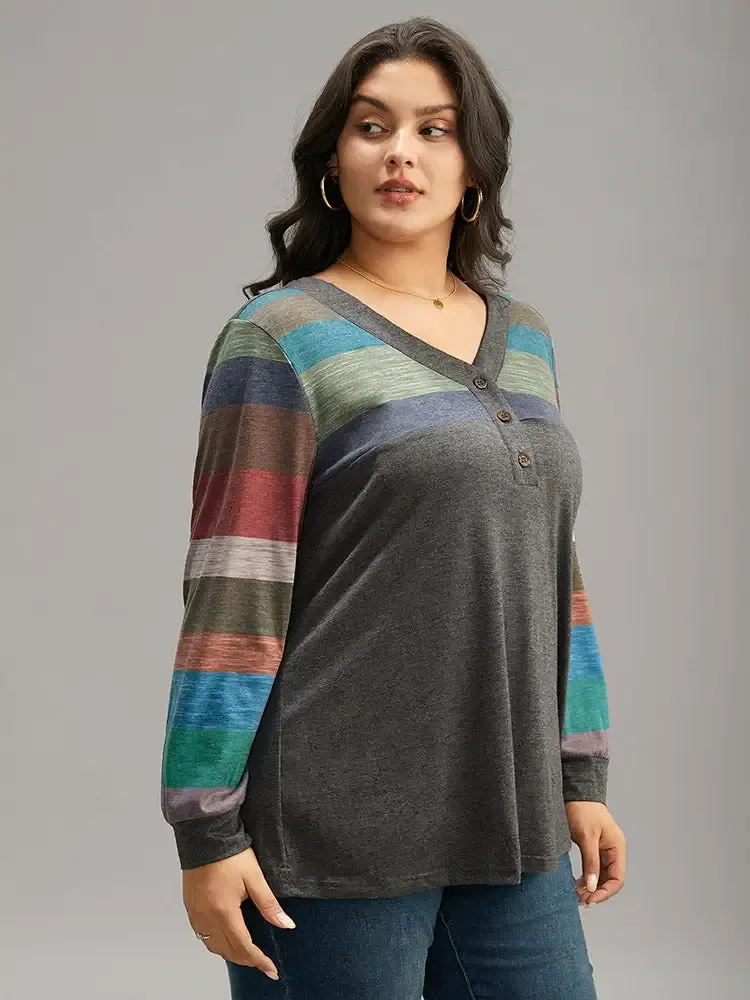 Colorblock Contrast V Neck Button Up T-Shirt