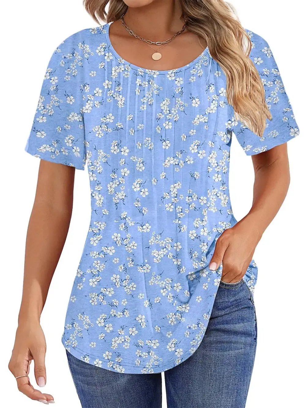 📣Women Summer Pleated Short Sleeve Tunic Blouses Tops