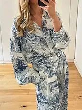 Women's Active Fashion Shirt Blouse Pants Sets Long Sleeve Shirt Collar Floral Print Outdoor Vacation Blue Fall Regular Fit