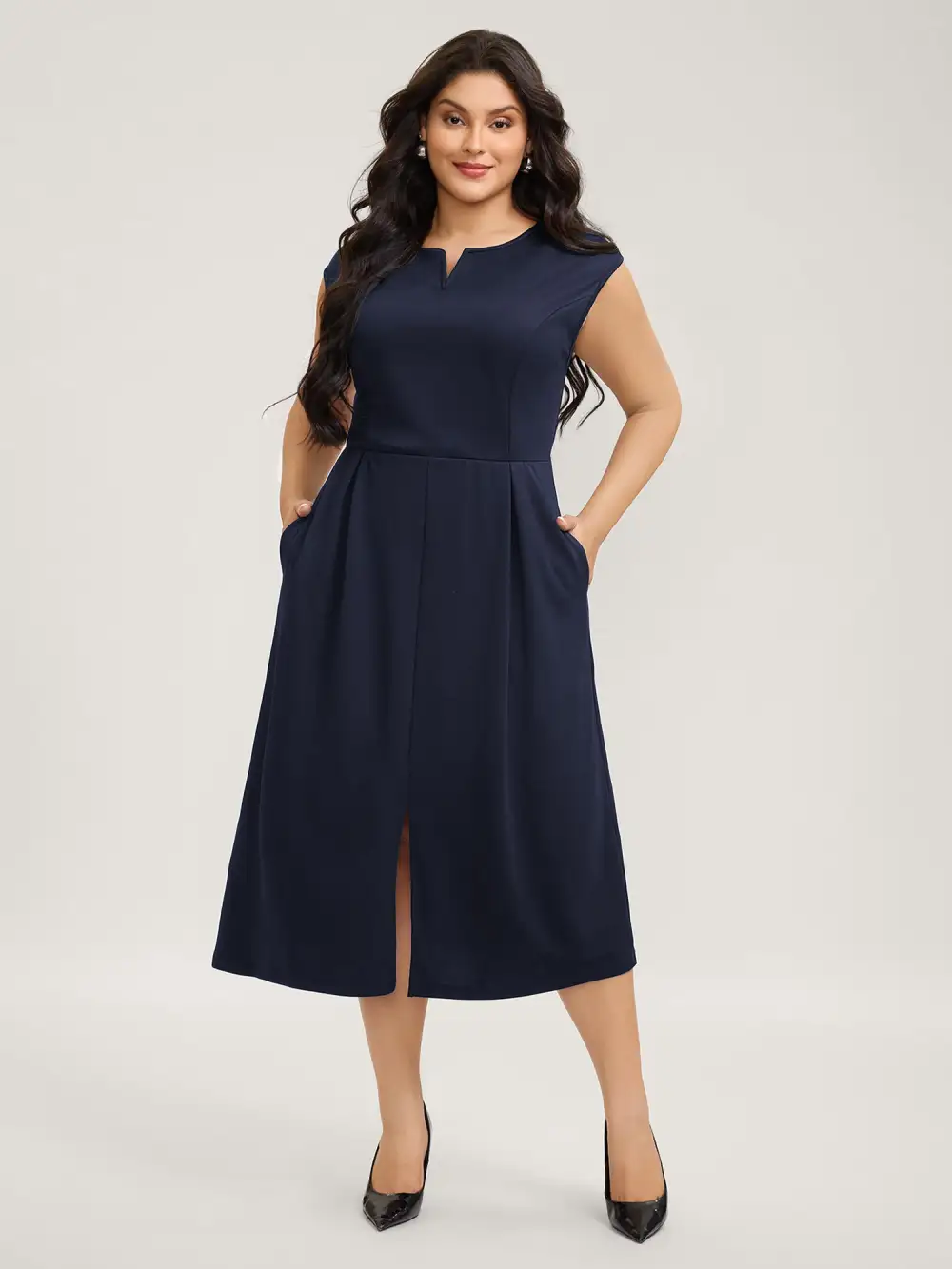 Stretchy Waist Pleated Midi Dress