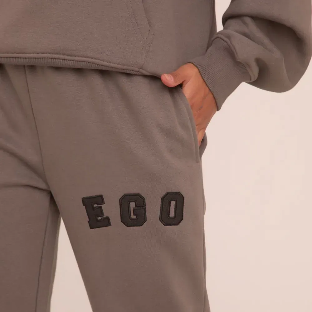 High Waist Ego Graphic Slogan Flared Leg Joggers In Grey