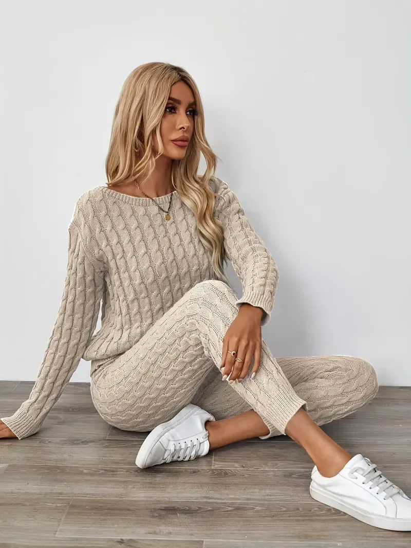 Solid Knitted Matching Two-piece Set, Casual Long Sleeve Sweater & Pants Outfits, Women's Clothing