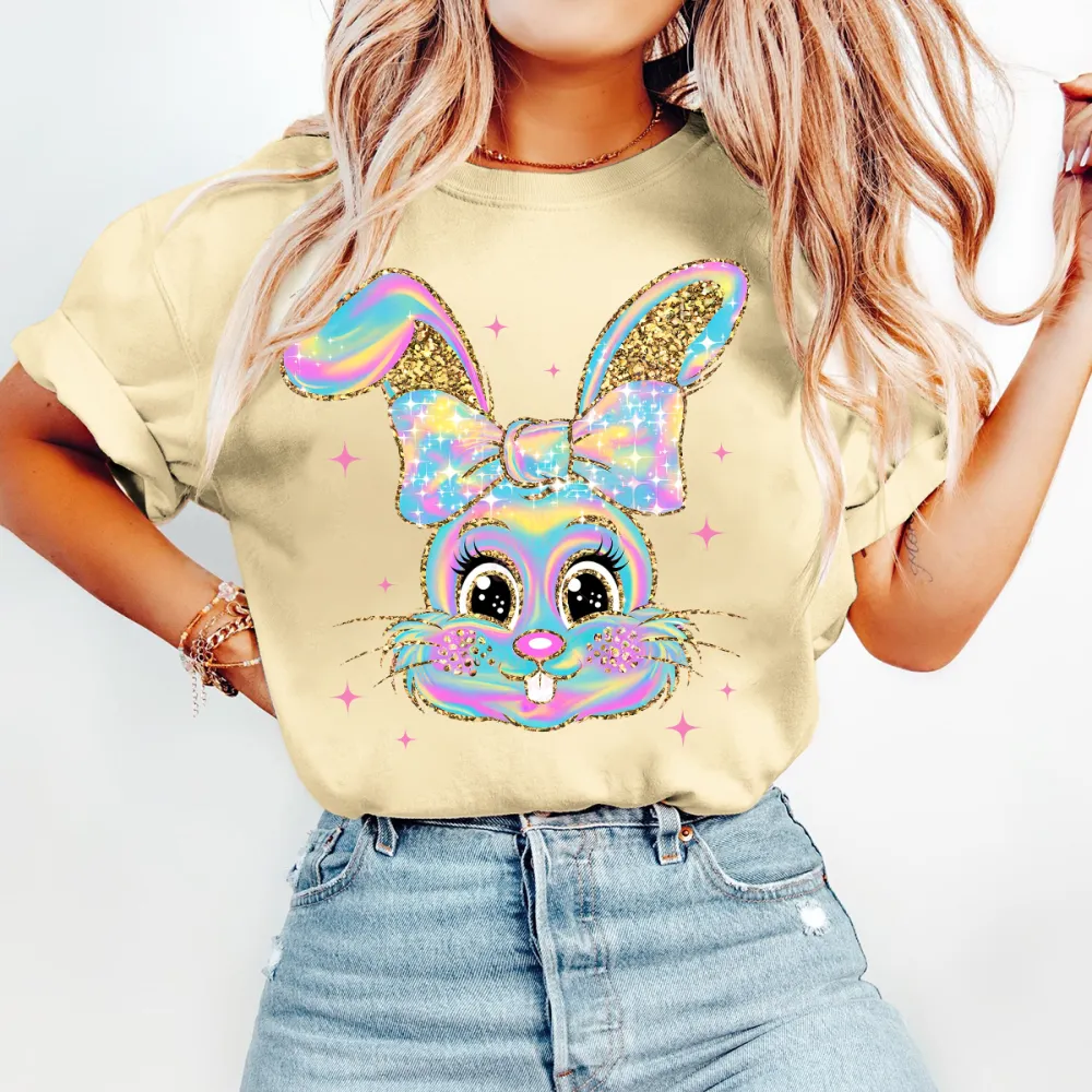 T-shirt Colorful Sequin Easter Bunny Women Printed Round Neck Short Sleeve