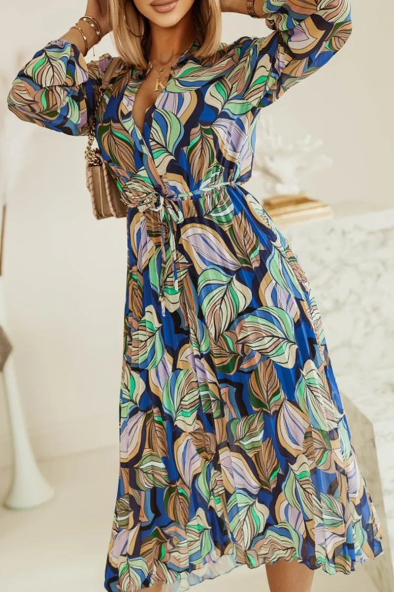 Casual Print Split Joint Turndown Collar Waist Skirt Dresses(3 colors)