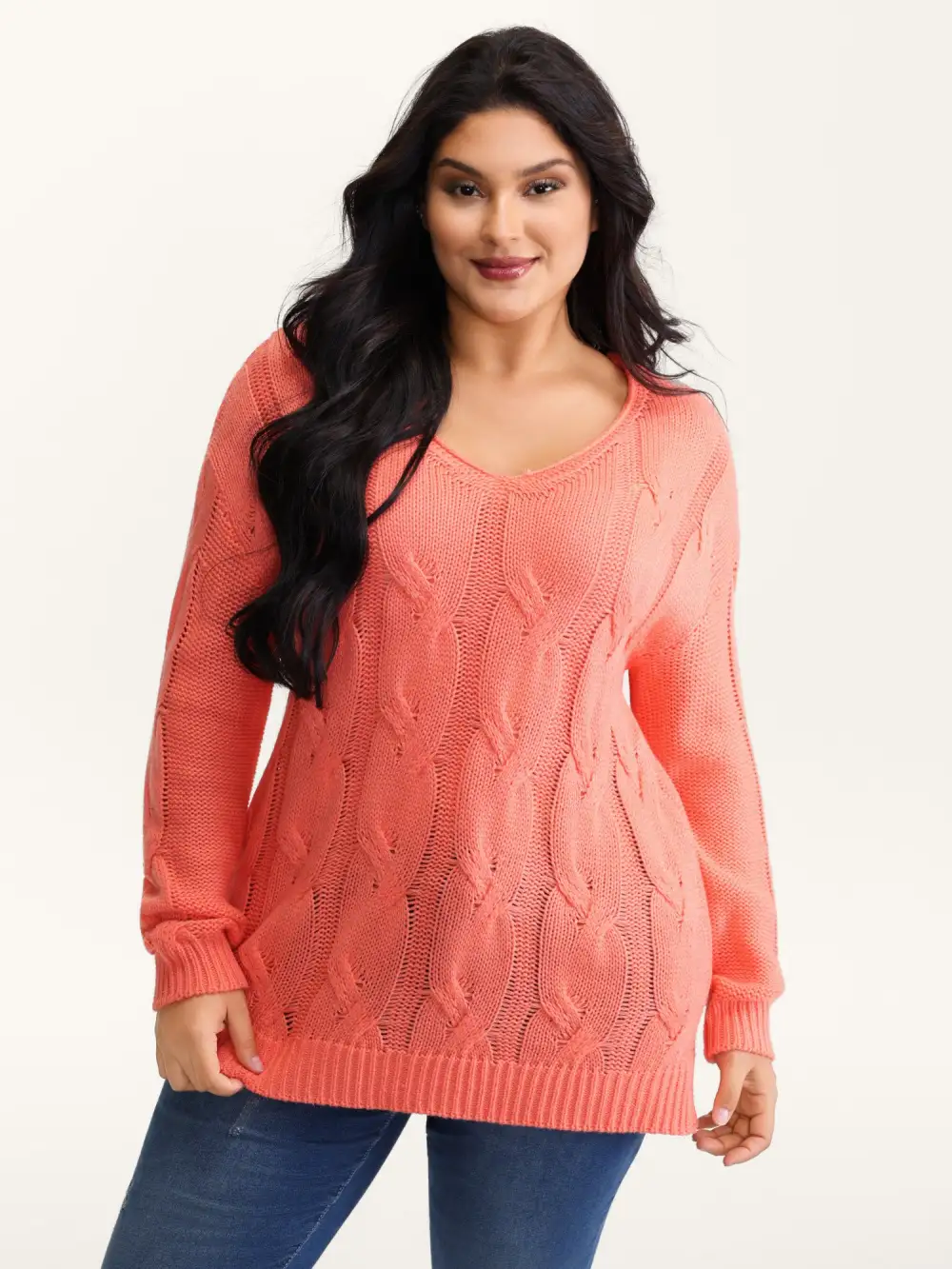 Cable Knit V-Neck Solid Pullover