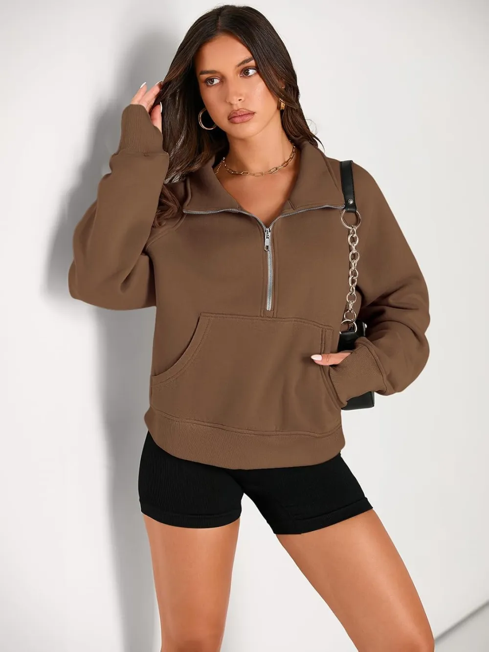 Womens Sweatshirts Half Zip Cropped Pullover Fleece Quarter Zipper Hoodies Fall outfits Clothes Thumb Hole